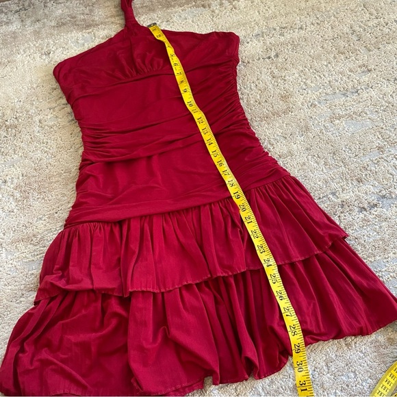 BCBGMaxAzria Halter Neck Tiered Mini Dress Cocktail Party Hot Red Ruched: Med - Picture 9 of 9